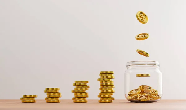 US dollar coins dropping to golden coins inside of transparent jar and coin stacking on table for investment and banking financial saving deposit concept by 3d rendering.