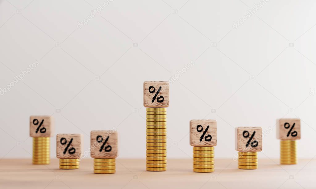 Percentage sign print screen on wooden and coins stacking for increasing interest rate profit growth and sale amount success by 3d render.