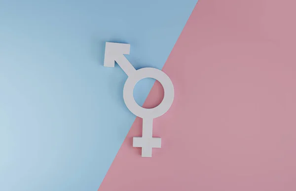 蓝色背景上的男性白色标志和粉色背景上的女性标志 通过3D渲染促进平等的商业人权和性别观念 — 图库照片