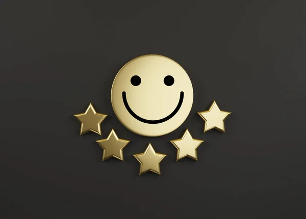 Smiley Πρόσωπο Χρυσό Κύκλο Πέντε Χρυσά Αστέρια Μαύρο Φόντο Για — Φωτογραφία Αρχείου