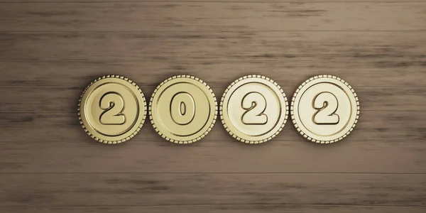 2022 Año Con Monedas Oro Mesa Madera Para Preparación Feliz —  Fotos de Stock