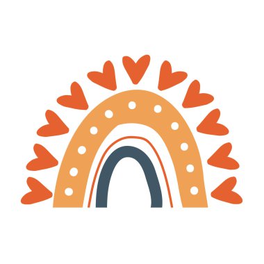 Beyaz arka planda boho tarzında el yapımı güzel bir gökkuşağı. Bebek tekstil, logo, poster, kumaş, baskı, tekstil, ambalaj, çocuk odası, duvar dekorasyonu