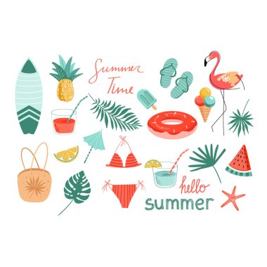 El yapımı yaz ve plaj eşyaları. Parmak arası terlikler, flamingo, dondurma, taze içecek, mayo, şemsiye, ananas, karpuz, denizyıldızı, palmiye yaprakları, canavar yaprağı, güneş, plaj çantası.