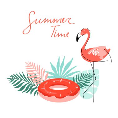 Flamingolu yaz illüstrasyonu, yazlık yazı, palmiye yaprakları, beyaz arka planda şişme daire. Poster, bunner, kartlar, baskı, çanta, davetiye