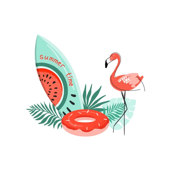 Flamingo, sörf tahtası, palmiye yaprakları, beyaz arka planda şişme daire. Poster, bunner, kartlar, baskı, çanta, davetiye için vektör yaz şablonu