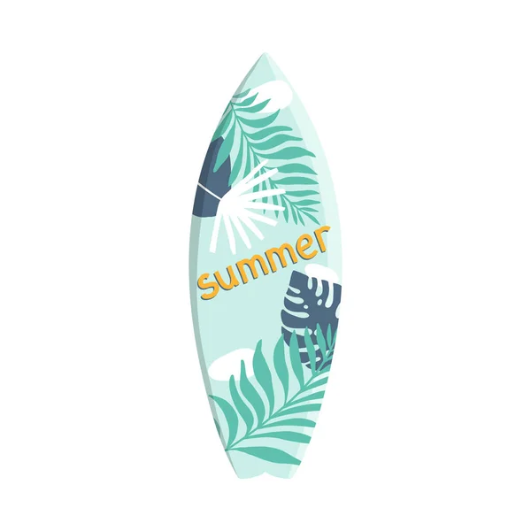 Vector prancha de surf em design tropical com texto de verão sobre um fundo branco — Vetor de Stock