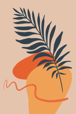 Asgari vektör soyut duvar sanatı. El çizimi şekil, palmiye yaprağı. Yaratıcı kolaj. Çağdaş çiçek tasarımı duvar çerçeveli baskılar, tuval baskılar, poster, ev dekorasyonu, kapak, duvar kağıdı