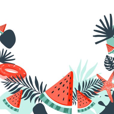 Karpuz ve palmiye yapraklı yaz vektör şablonu. Poster, bunner, kartlar, baskı, çanta, davetiye için arkaplan çizimi