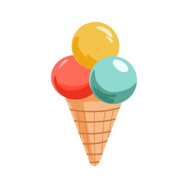 Pembe, mavi, sarı dondurma kepçeleri ya da gözleme külahında toplar. Dondurma ikonu. Simge, poster, logo, kartlar, çıkartmalar, kumaş, baskı, çocuksu tasarım için vektör el çizimi