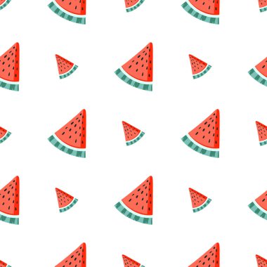 Beyaz arka planda elle çizilmiş karpuz ile renklendirilmiş, pürüzsüz, tekrarlayan basit desen. Kumaş, kumaş, tekstil, poster, bunner, kart, baskı, çanta, akıllı telefon, davetiye