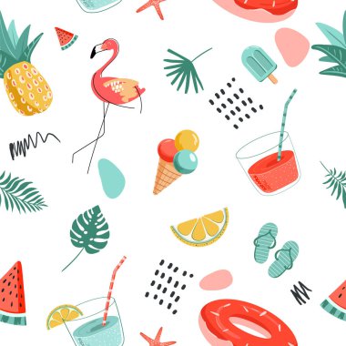 El yapımı flamingo, canavar yaprakları, palmiye yaprakları, limon dilimi, dondurma, parmak arası terlik, ananas, şişme daire, karpuz parçaları, noktalar ve organik şekilli vektör deseni.