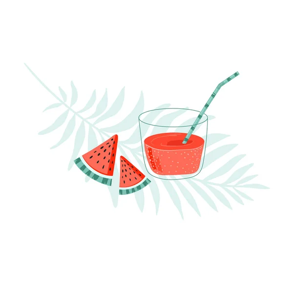 Erfrischendes rosafarbenes Getränk im Glas mit Wassermelonenstücken auf weißem Hintergrund. Sommergetränk — Stockvektor