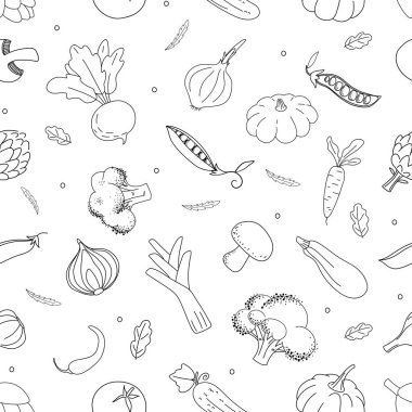 Taslak karalama sebzeleriyle basit kalıpları tekrarlayan vektör kusursuz. Siyah el, beyaz arka plana sebze çizdi. Kumaş, tekstil, poster, ambalaj kağıdı, kart, giysi