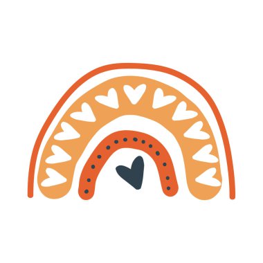 Beyaz arka planda boho tarzında el yapımı güzel bir gökkuşağı. Bebek tekstil, logo, poster, kumaş, baskı, ambalaj, çocuk odası, duvar dekorasyonu