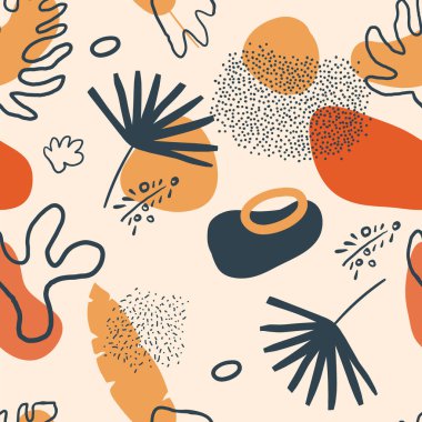 Palmiye yaprakları, bitkiler, noktalar ve organik şekillerle basit yaratıcı karalama kalıplarını tekrarlayan vektör. Kumaş, tekstil, poster, ambalaj kağıdı, kart, çanta, kıyafet için el yapımı moda.