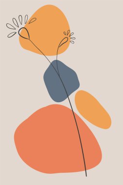 Asgari vektör soyut duvar sanatı. El çizimi şekiller, yapraklar ve noktalar. Yaratıcı kolaj. Çağdaş çiçek tasarımı duvar çerçeveli baskılar, tuval baskılar, poster, ev dekorasyonu, kapak, duvar kağıdı