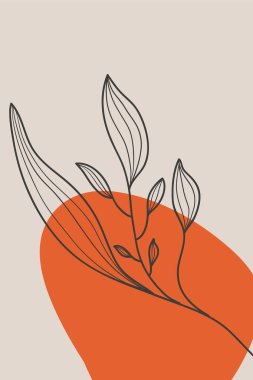 Asgari vektör soyut duvar sanatı. El çizimi şekiller, yapraklar ve noktalar. Yaratıcı kolaj. Çağdaş çiçek tasarımı duvar çerçeveli baskılar, tuval baskılar, poster, ev dekorasyonu, kapak, duvar kağıdı