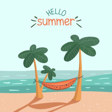 Terk edilmiş plaj, palmiye ağaçları ve deniz dibinde hamak. Mektup: Merhaba yaz. Yaz tatili kavramı, dinlenme. Poster, bunner, kart, çıkartmalar, kapak, yazdırma, davet için vektör illüstrasyonu