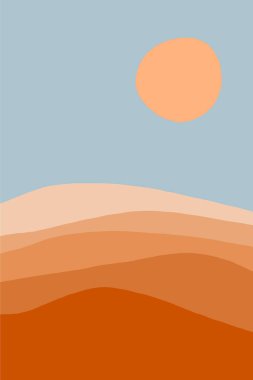 Boho tarzında vektör çölü manzarası. Asgari vektör soyut duvar sanatı. Çağdaş tasarım duvar çerçeveli baskılar, tuval baskılar, poster, ev dekorasyonu, kapak, duvar kağıdı
