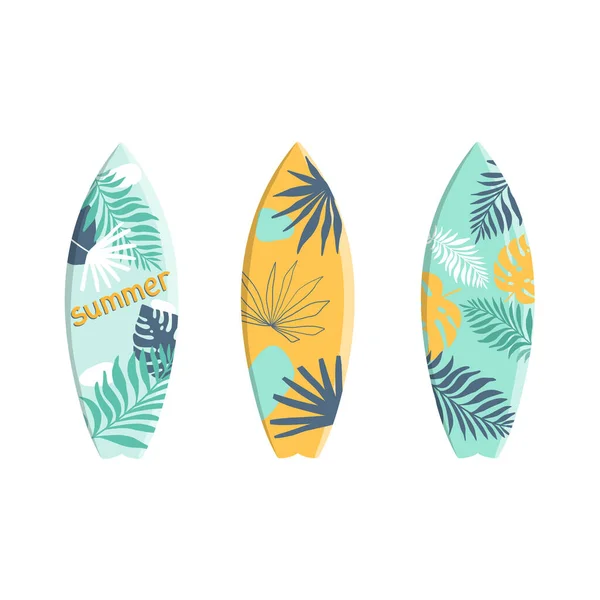 Set Vector Surfplanken Tropisch Design Met Palm Monsterabladeren Een Witte — Stockvector