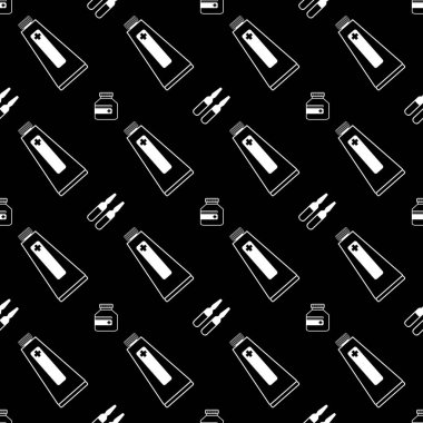 Tüplerle basit kalıpları tekrarlayan vektör, uyuşturucuyla ampuller, siyah arka planda ilaç olan kavanozlar. Kumaş, tekstil, poster, ambalaj kağıdı, kart, kıyafet için vektör illüstrasyonu
