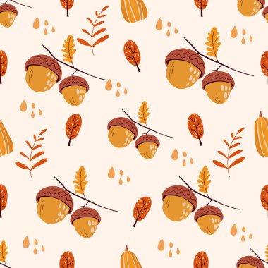 Elle çizilmiş, el yapımı, el yapımı meşe palamudu, yaprak ve yağmur damlalarıyla basit tekrarlanan desen. Kumaş, baskı, tekstil, ambalaj, ambalaj, arka plan için vektör illüstrasyonu. Sonbahar zamanı.