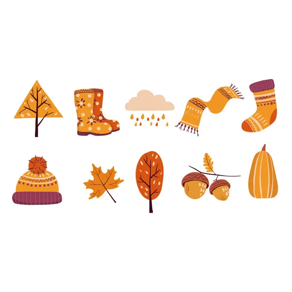 Elementos de outono vetoriais desenhados à mão. Ilustração de cachecol, botas, chapéu de lã, árvores, folha de bordo, nuvem de chuva, bolotas, meias, abóbora. Ilustração vetorial para ícone, logotipo, impressão, ícone, cartão, emblema — Vetor de Stock