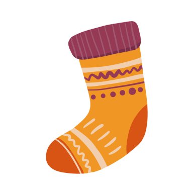 Yünlü örülmüş el yapımı çorap. Simge, logo, baskı, simge, kart, amblem, etiket, ağ için düz bir illüstrasyon. Noel Çorabı