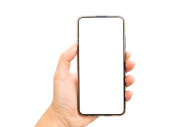 Beyaz arkaplanda boş bir akıllı telefon ekranı tutan bir elin görüntüsünü taklit et.
