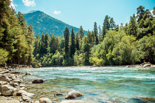 Mountain river in the endless mountains of the North Caucasus. A bright sunny day. Blue sky. Mountains and coniferous forest 