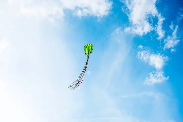 Kite Hand Blue Sky Sunny Weather Wind Kite Flying Summer — Stock Photo, Image