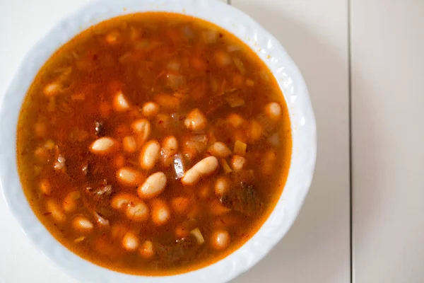 Comida Turca Tradicional Kuru Fasulye Uma Chapa Branca — Fotografia de Stock