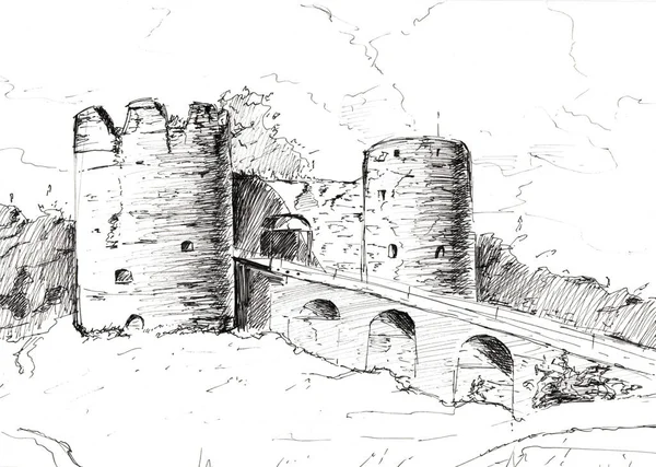 白い背景に隔離された要塞のフリーハンドの図面 スケッチは墨で黒線技法で作られています — ストック写真