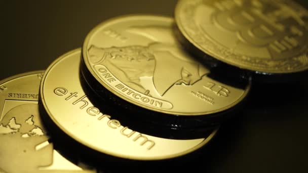 Makro Snímek Kryptografické Měny Mincí — Stock video