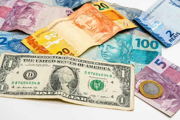 Billete Dólar Billetes Brasileños Devaluación Del Dinero Brasileño — Foto de Stock