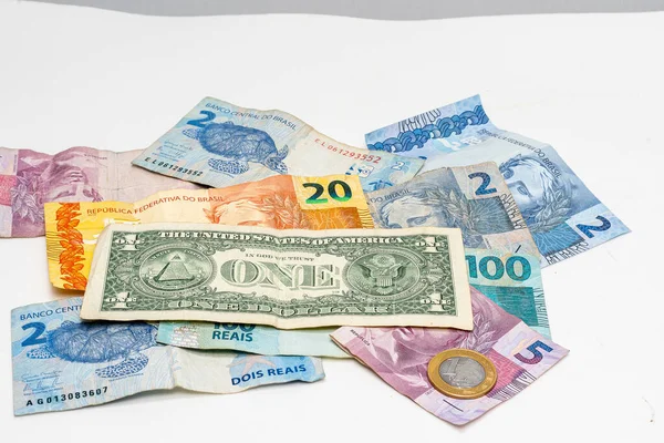 Billete Dólar Billetes Brasileños Devaluación Del Dinero Brasileño — Foto de Stock