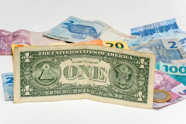 Одна Долларовая Купюра Бразильских Банкнотах Девальвация Бразильских Денег — стоковое фото