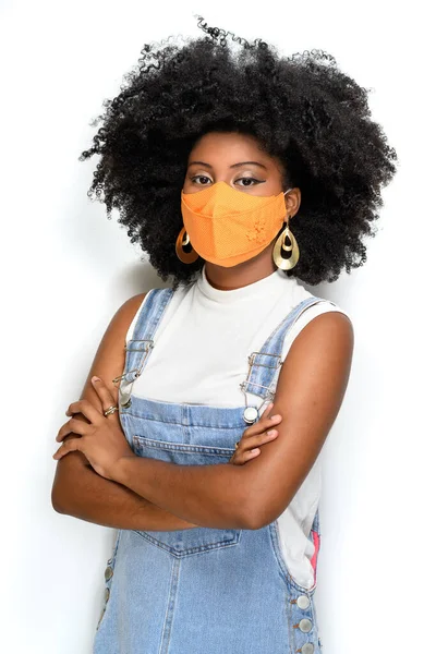 Black Teenager Wearing Facial Protection Mask Covid Isolated White Background — Stock Photo, Image