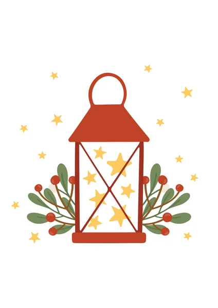 Świąteczna Ilustracja Bożego Narodzenia Latarnią Gwiazdami Ręcznie Rysowana Kartka Życzeniami — Wektor stockowy