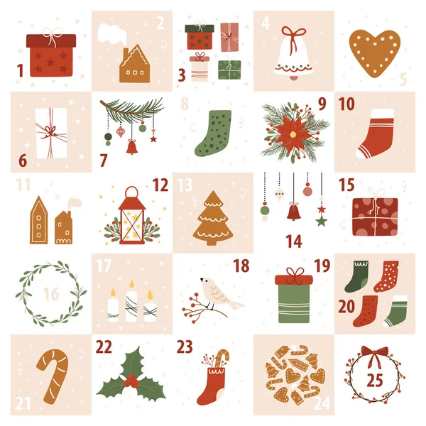 Calendario Dell Avvento Natale Con Elementi Decorativi Disegnati Mano Rami — Vettoriale Stock
