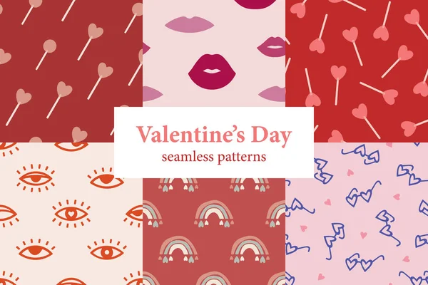 Collection Hand Drawn Valentines Day Seamless Patterns Vintage Background Valentines — Stock Vector