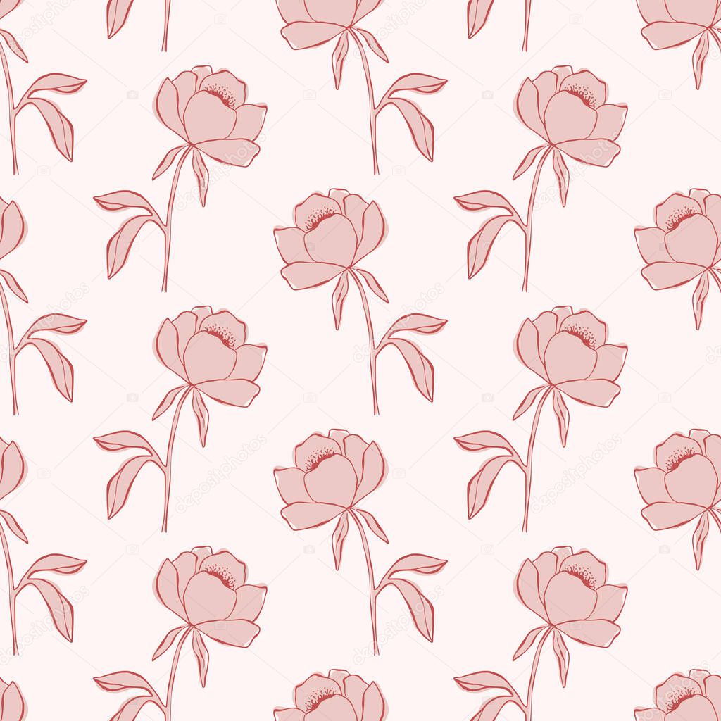 Hand drawn line art seamless pattern with peony flowers. Line art floral background for wedding design, Valentines day, romantic holidays. Contemporary vector pattern with delicate peony flowers