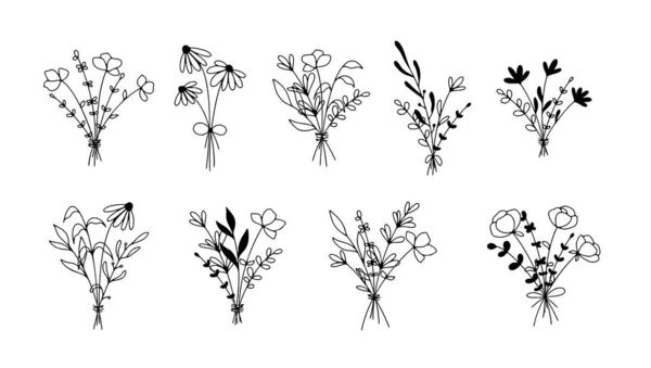 Hand Drawn Collection Line Art Bunch Flowers Isolated White Background — Stock Vector