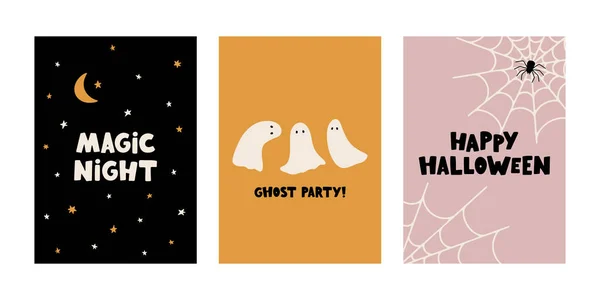 Collection Dessinée Main Cartes Vectorielles Halloween Affiches Drôles Effrayantes Pour — Image vectorielle