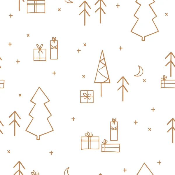 Farbenfrohes Festliches Nahtloses Muster Mit Fichte Winter Line Art Forest — Stockvektor