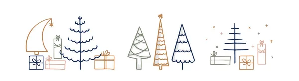 Handgezeichnete Linienkunst Weihnachtsillustrationen Mit Kiefern Geschenkschachteln Und Schneeflocken Festliche Karten — Stockvektor