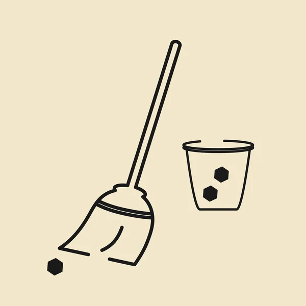 Juego de iconos de limpieza, escoba y cubo, ilustración de línea delgada — Vector de stock
