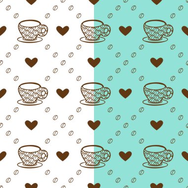 Geometrik dikişsiz desen. Kahve konseptine bayılırım. Fasulyeli, kalpli, bardak hatlı şık bir doku. Beyaz veya mavi deniz arkaplanını değiştirmek kolaydır