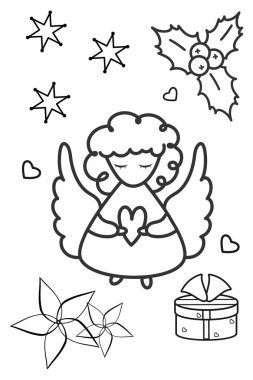 Noel ana hatları dekorasyon seti, kart şablonları elementleri, boyama sayfası koleksiyonu. Omela, Angel, kar taneleri, yıldızlar, hediye kutusu, kalpler. Beyaz arkaplan