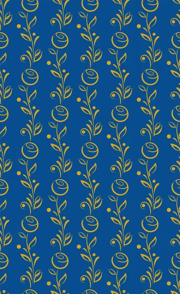 Patrón floral sin costura ornamental. Diseño gráfico dibujado a mano, folclore de la naturaleza florecer, hojas, elementos de bayas, textura de la línea de oro sobre fondo azul — Archivo Imágenes Vectoriales